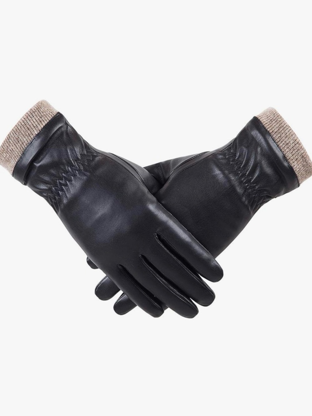 Women’s Black Leather Gloves with Taupe Knit Cuff
